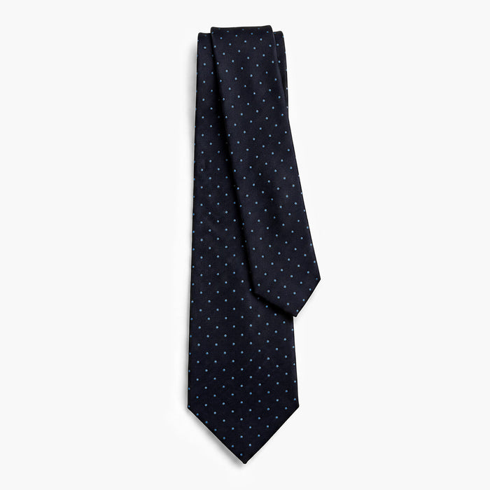 Dark Blue 7-Fold Sartorial Silk Tie — Light Blue Polka Dot