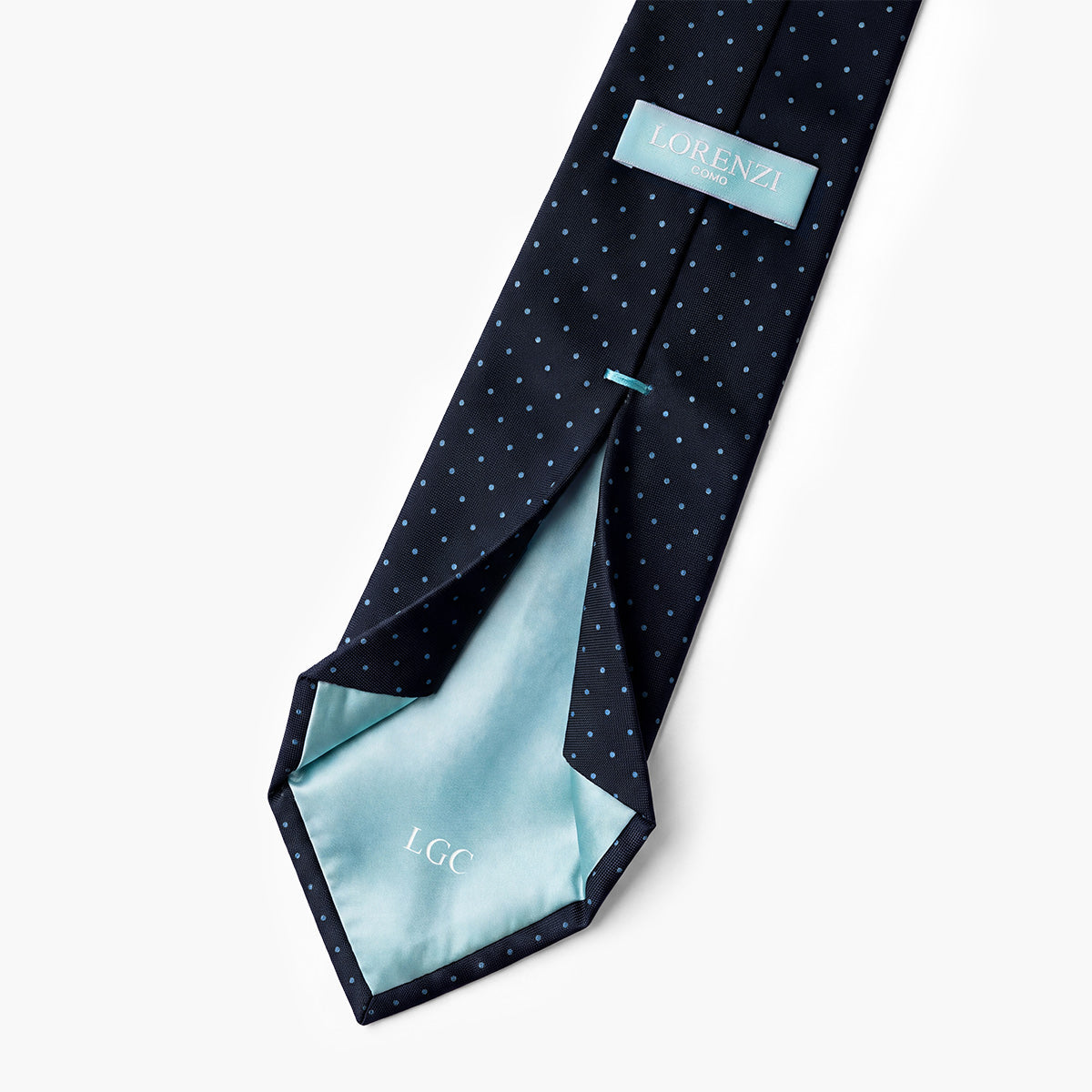 Dark Blue 7-Fold Sartorial Silk Tie — Light Blue Polka Dot