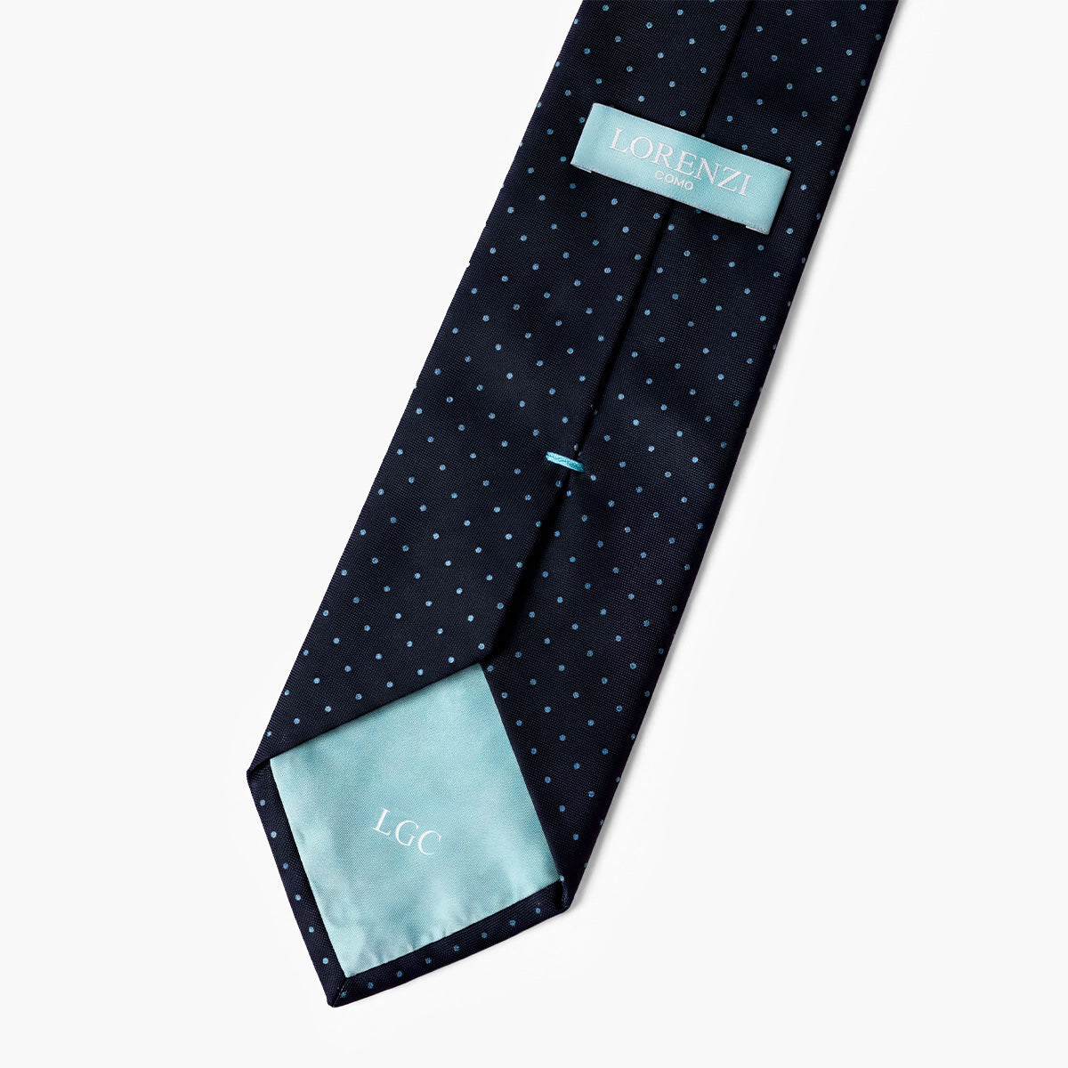Dark Blue 3-Fold Sartorial Silk Tie — Light Blue Polka Dot