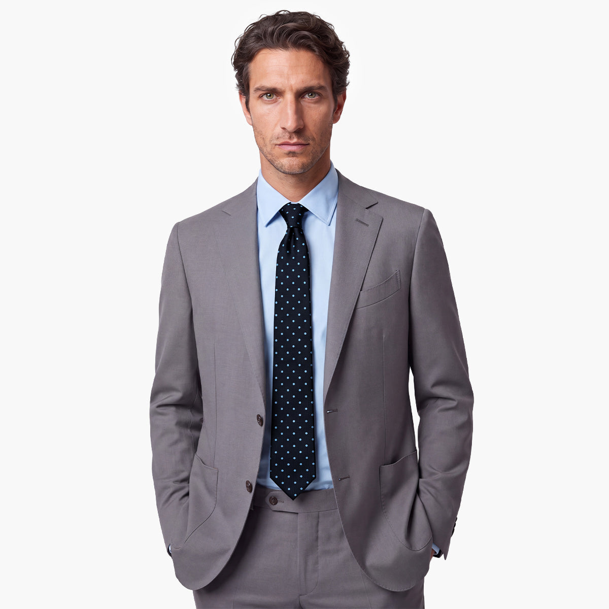Dark Blue 3-Fold Sartorial Silk Tie — Light Blue Polka Dot
