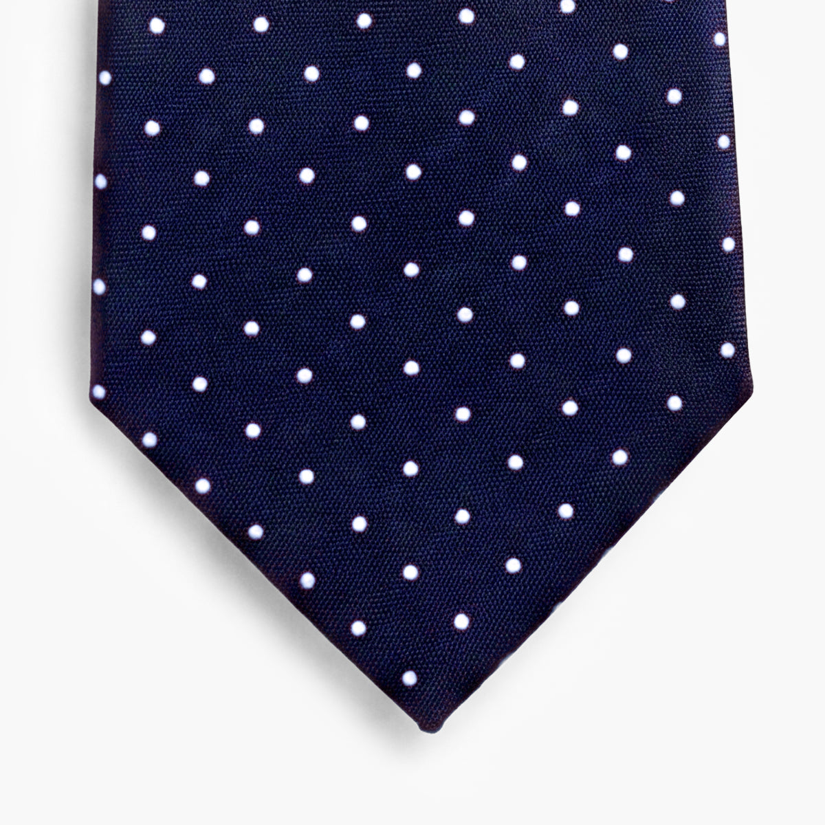 Dark Blue 7-Fold Sartorial Silk Tie — White Polka Dot