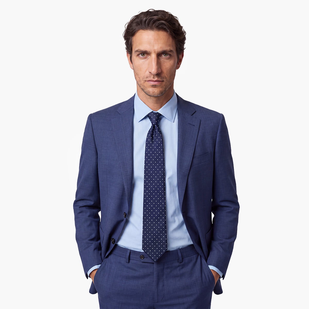 Dark Blue 7-Fold Sartorial Silk Tie — White Polka Dot