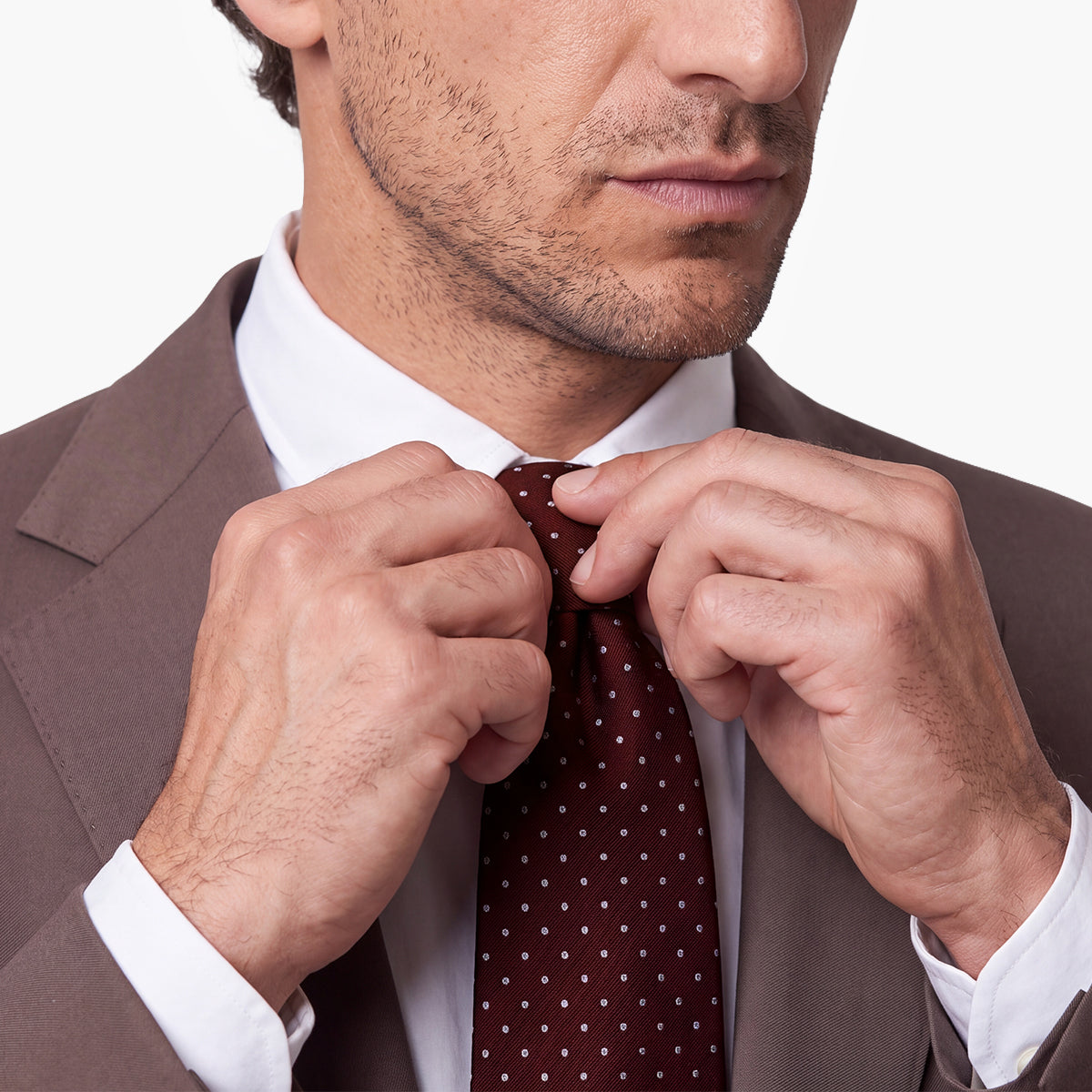 Burgundy 7-Fold Sartorial Silk Tie — White Polka Dot