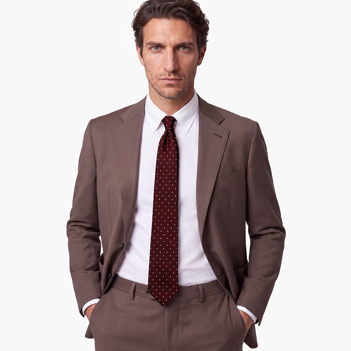 Burgundy 3-Fold Sartorial Silk Tie — White Polka Dot