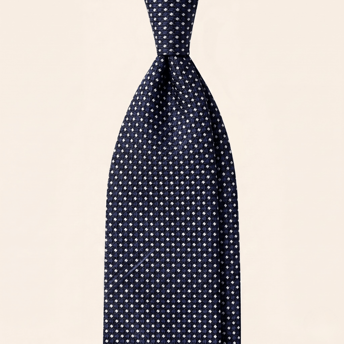 Dark Blue 7-Fold Jacquard Silk Tie II — White Pin Dot