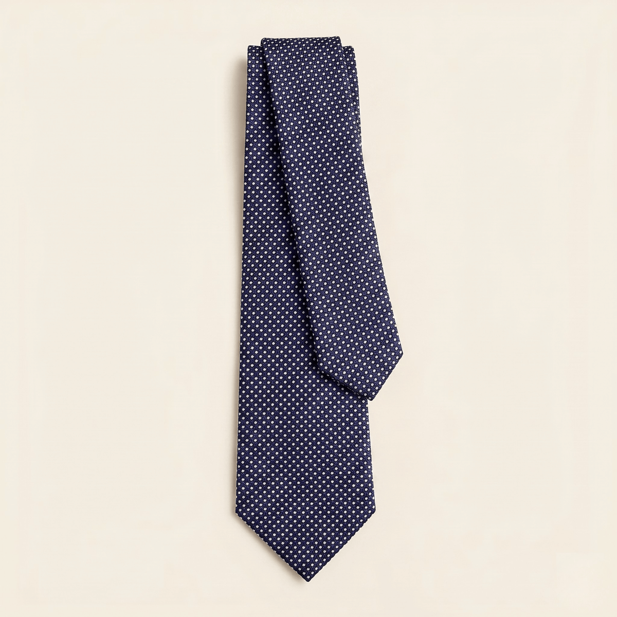 Dark Blue 7-Fold Jacquard Silk Tie II — White Pin Dot