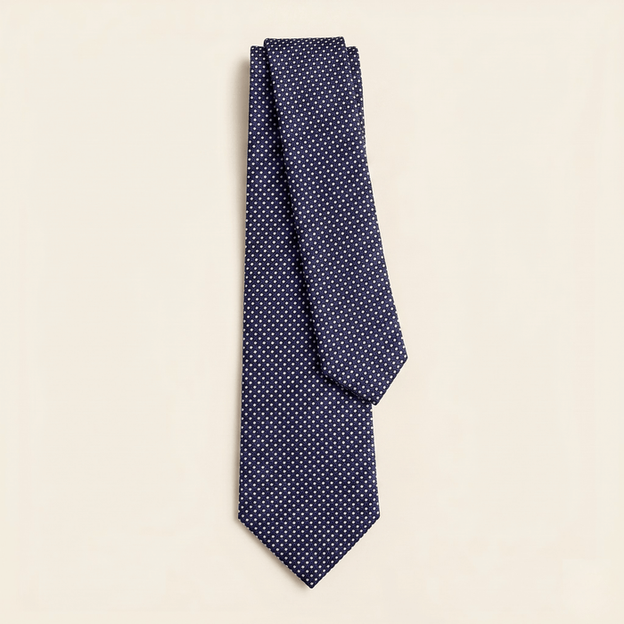 Dark Blue 7-Fold Jacquard Silk Tie II — White Pin Dot