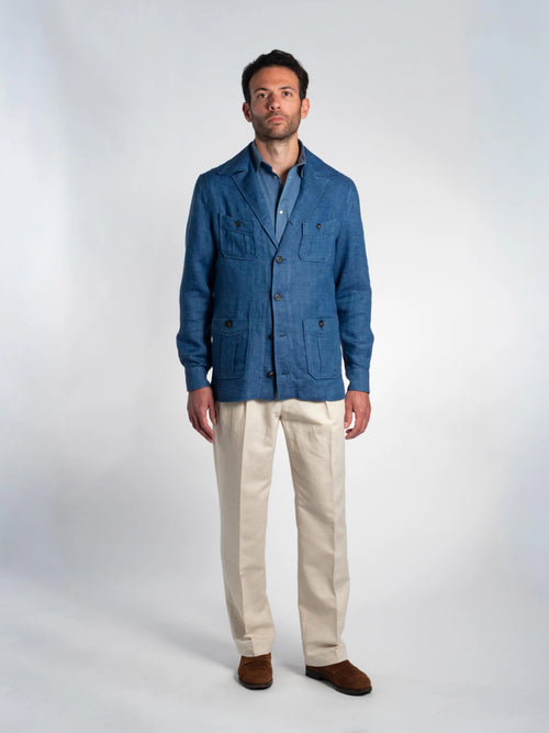 VESTE SAHARIENNE TONIO 100% LIN BLEU FRIMAIRE PARIS