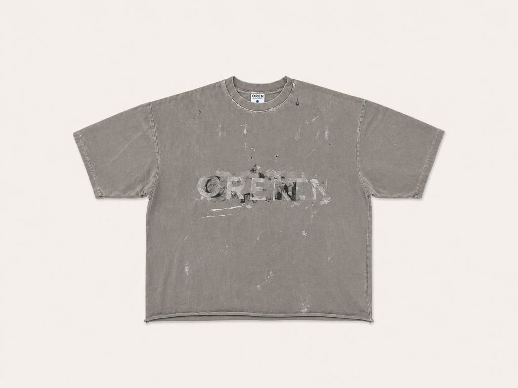OREN Offcut (FR.T01), destroyed-concept tee — front view