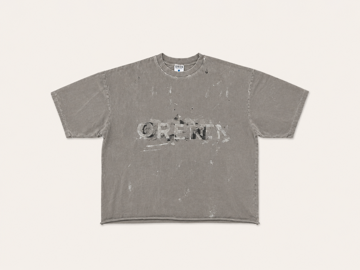 OREN Offcut (FR.T01), destroyed-concept tee — front view