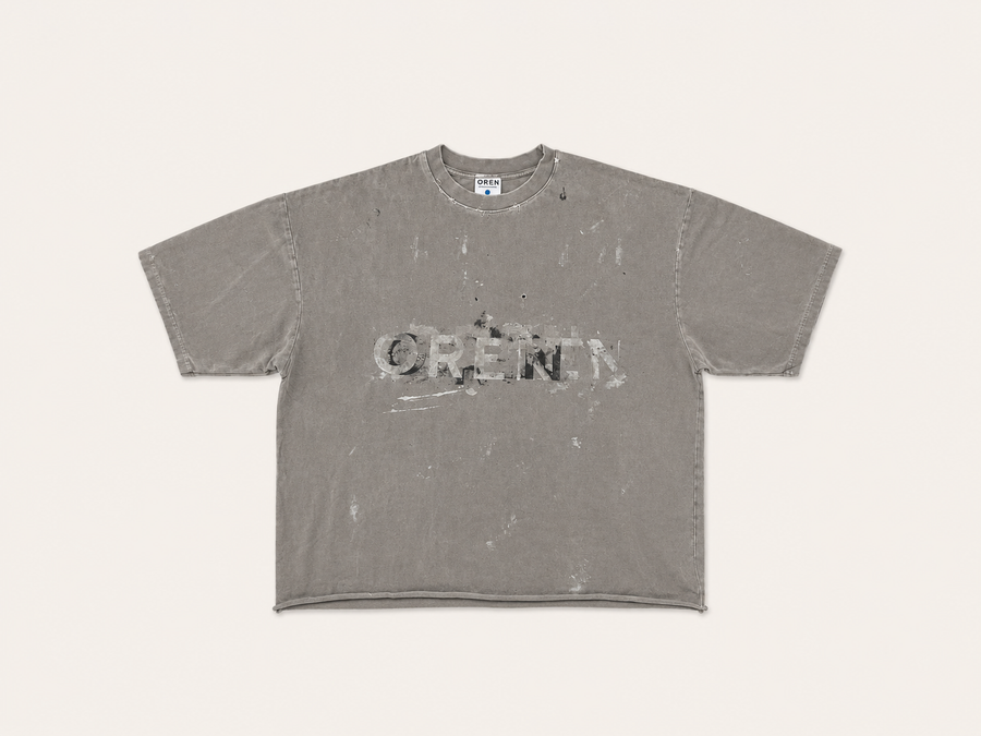 OREN Offcut (FR.T01), destroyed-concept tee — front view