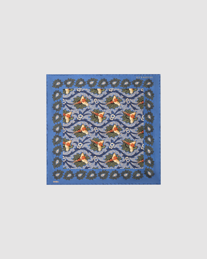 Seisser & Cie. Silk Pocket Square “Blue Pheasants” (25×25)