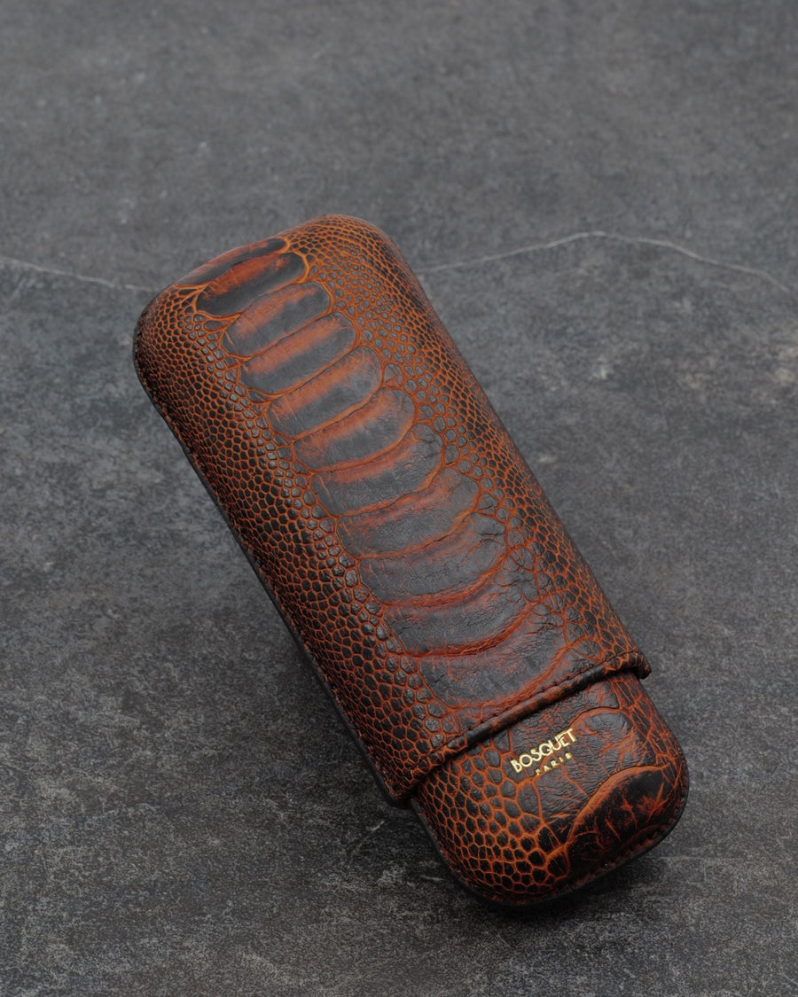 Ostrich Leg Leather Rectangular Cigar Case - Tobacco brown