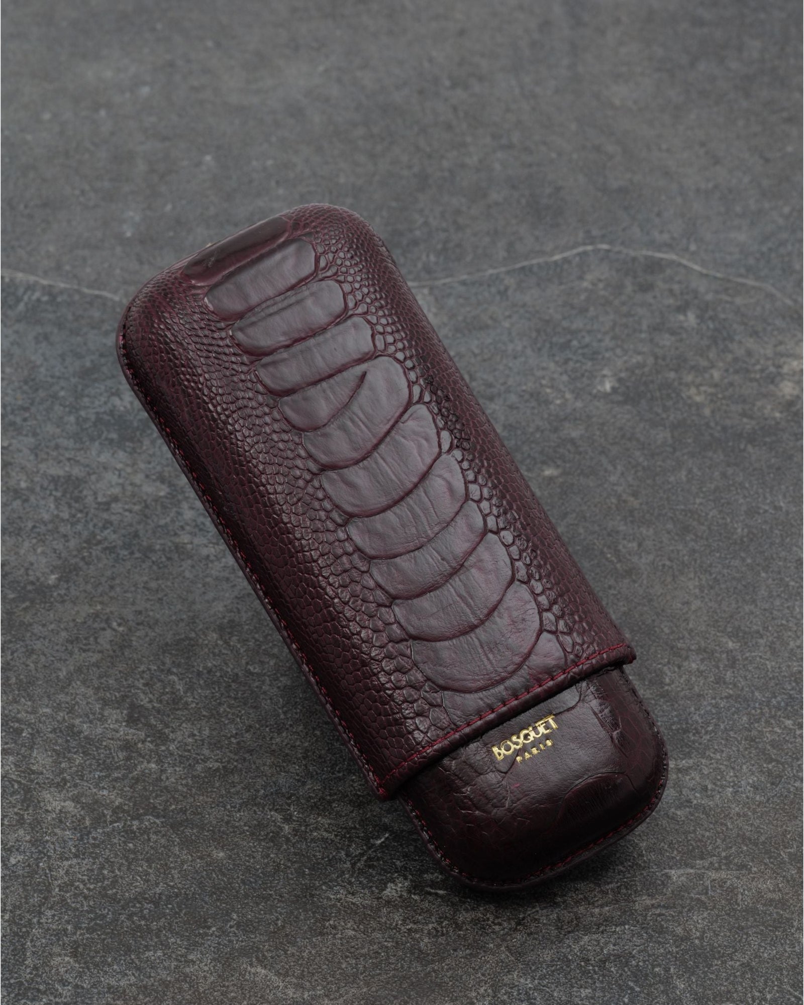 Ostrich Leg Leather Rectangular Cigar Case - Wine Burgundy