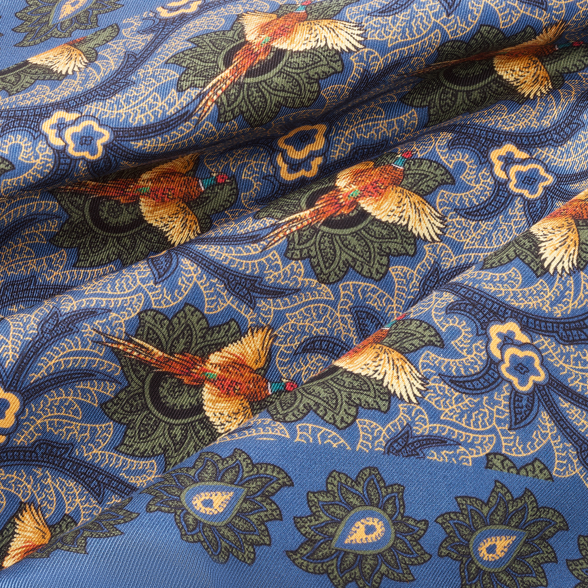 Seisser & Cie. Silk Pocket Square “Blue Pheasants” (25×25)