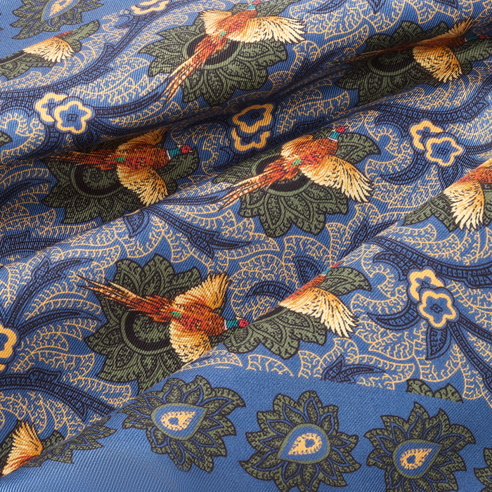 Seisser & Cie. Silk Pocket Square “Blue Pheasants” (25×25)