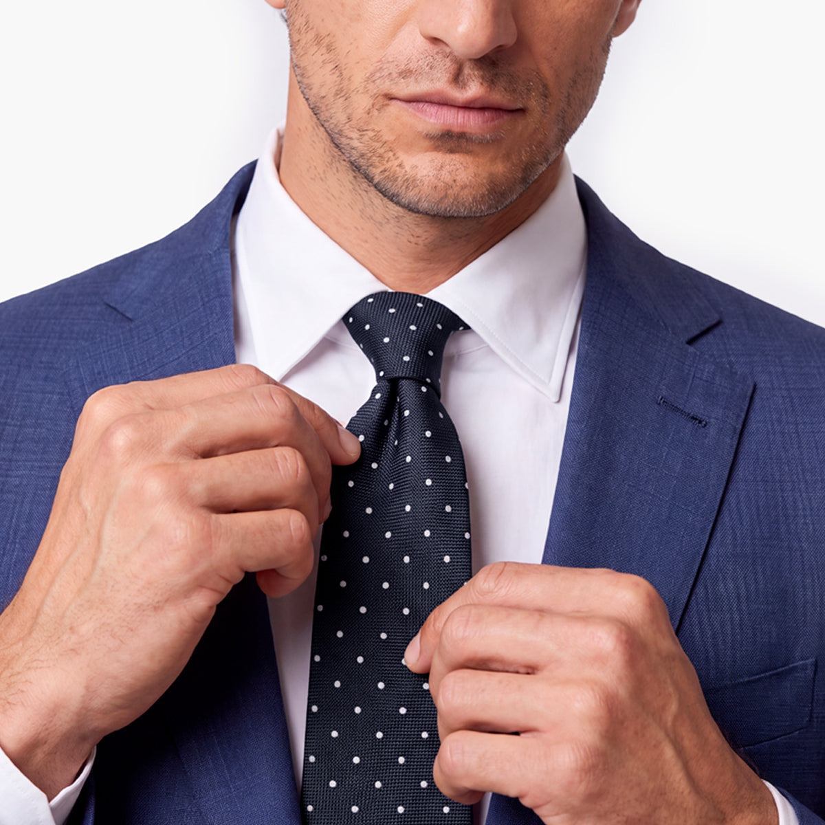 Dark Blue 7-Fold Jacquard Silk Tie — Polka Dot