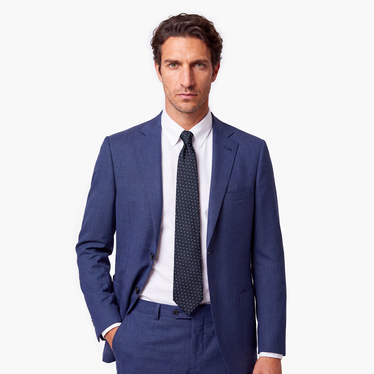 Dark Blue 7-Fold Jacquard Silk Tie — Polka Dot