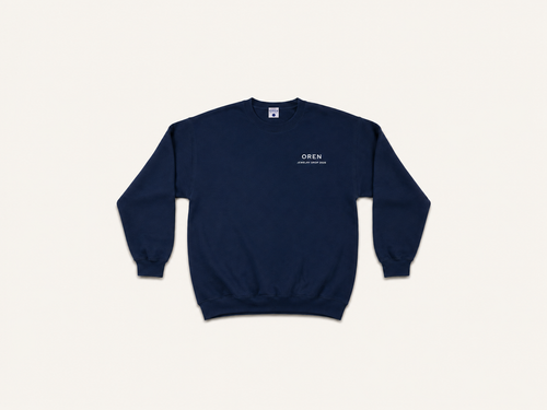 OREN Stamp Sweater in navy, heavyweight cotton crewneck — front view