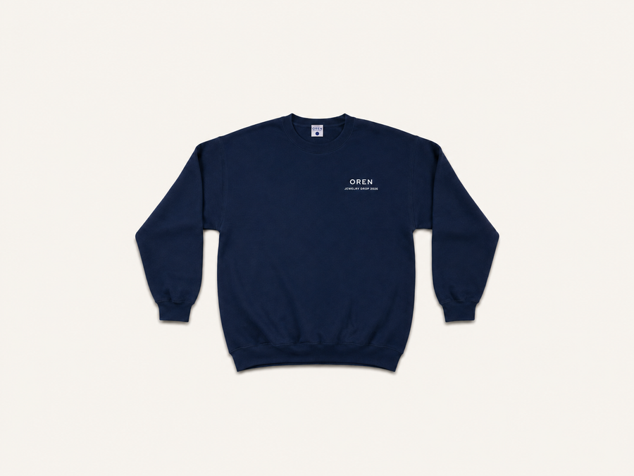OREN Stamp Sweater in navy, heavyweight cotton crewneck — front view