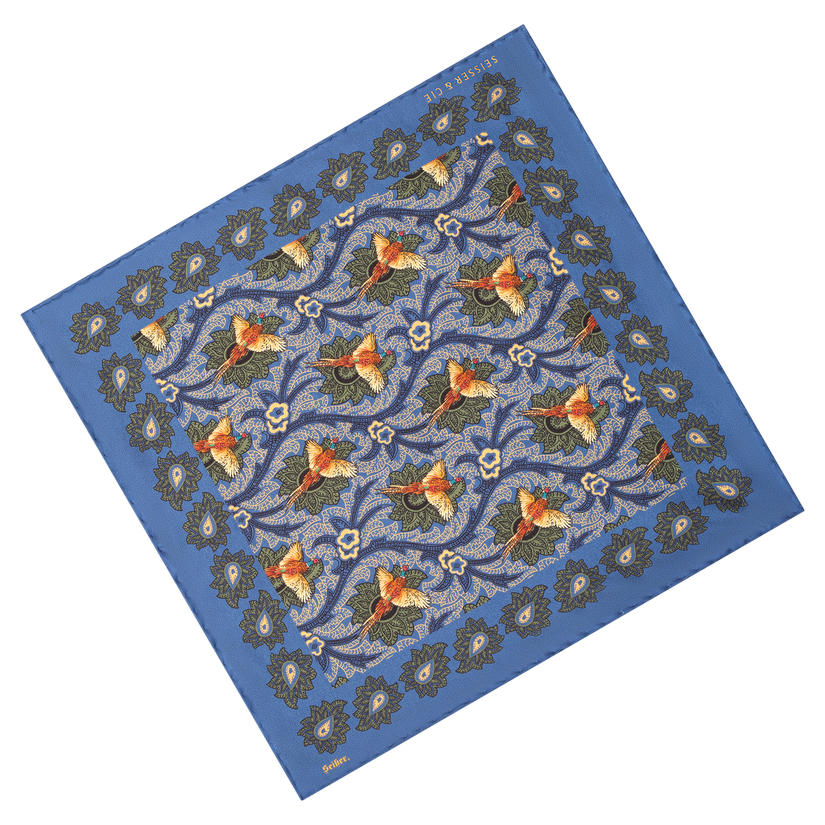 Seisser & Cie. Silk Pocket Square “Blue Pheasants” (25×25)