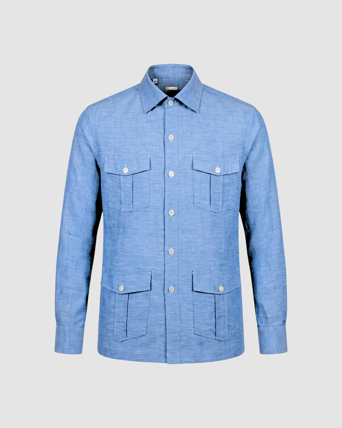 Sahariana Guayabera in Twill Azzurro