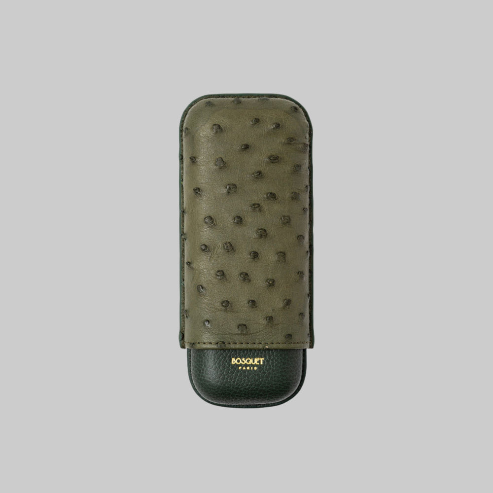 Ostrich Belly and Grained Calf Leather Case for 2 cigars - Olive Green