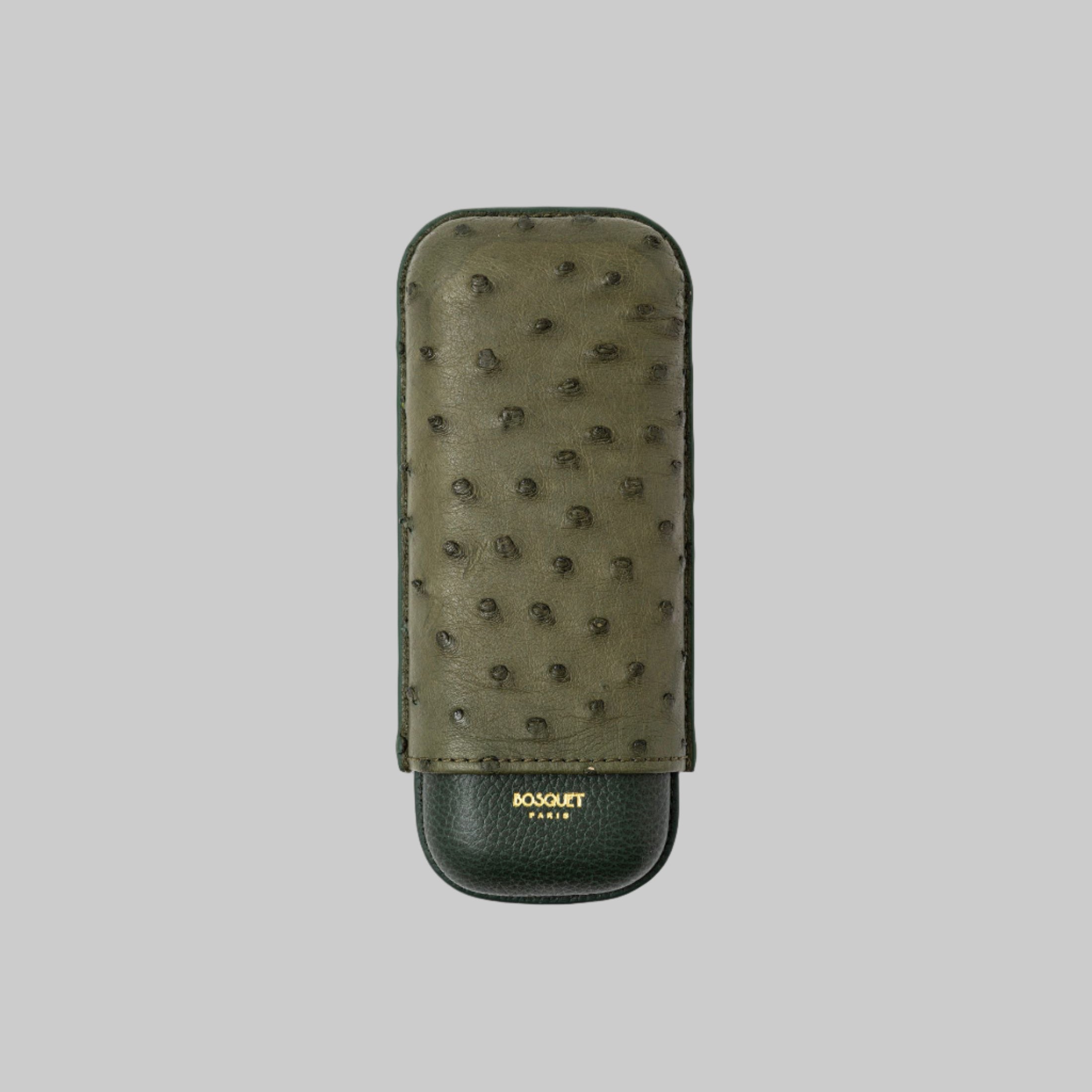 Ostrich Belly and Grained Calf Leather Case for 2 cigars - Olive Green
